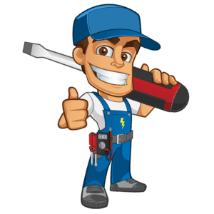 Elettricista cartone animato con cacciavite e sorriso, abbigliamento blu e attrezzi, rappresenta professionista del settore elettrico.
